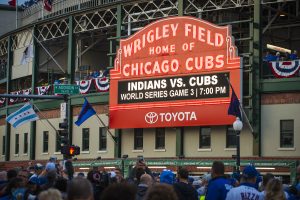 CHICAGO/OCTOBER 2016 Chicago Cubs fans gather in front of Wrigley Field marquee for historic beginning to World Series 2016