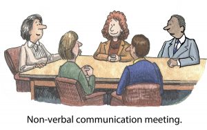 Cartoon of business people who are having a non-verbal communication meeting.