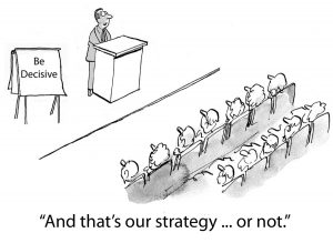 Cartoon of keynote speaker in 'be decisive' seminar, although speaker himself is indecisive.